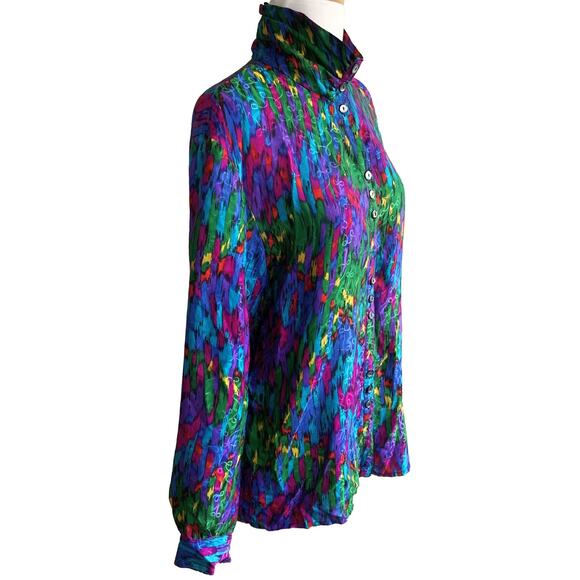 Galinda Silk Colorful Turtleneck Button Up Shirt Multi 100% Silk Long Sleeve - Picture 2 of 4